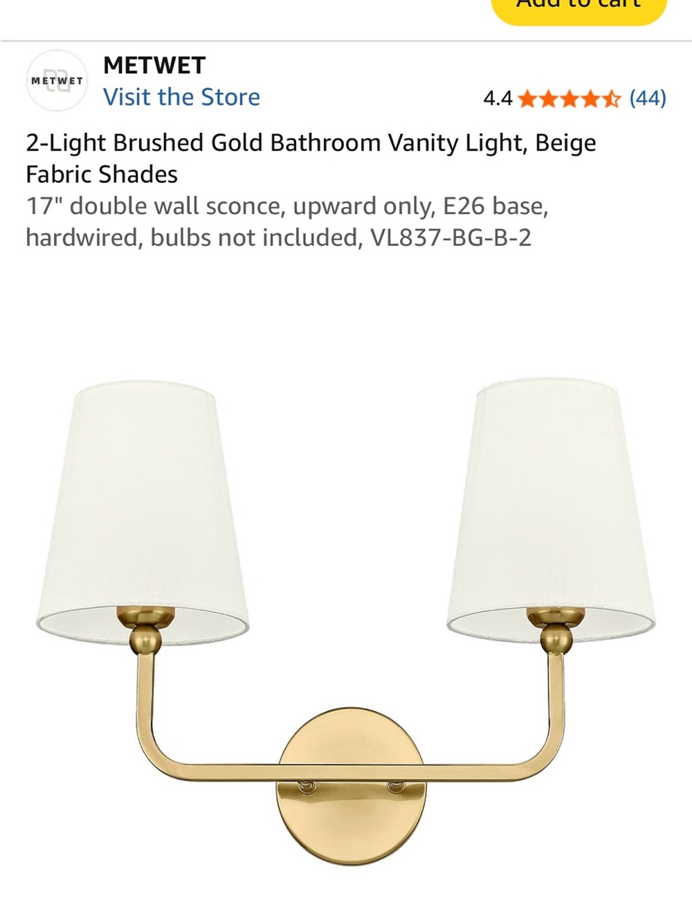 Brushed Gold 2-Light Bathroom Vanity Wall Sconce with Fabric Shades